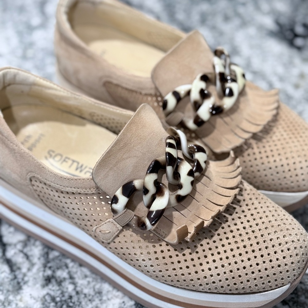 SoftWalk Women's Tan Slip-On Loafers with Tortoiseshell Chain Accent